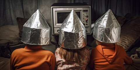 Rear view of paranoid family wearing tinfoil hats and watching tv, concept of Conspiracy theories, created with Generative AI technology