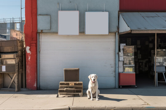 A dog is sitting in front of  facade on shop on street mock-up