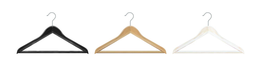 Clothes hanger isolated on white background. Wooden hanger Realistic vector clothes hanger wooden hanger closeup isolated on background. Design template, clipart or layout for graphics. Vector