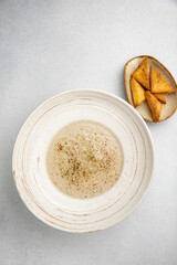 Delicious soup from the restaurant. Close up