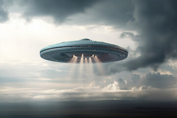 Fototapeta na wymiar Ethereal presence, UFO saucer hovers against cloudy backdrop, above Earth Generative AI