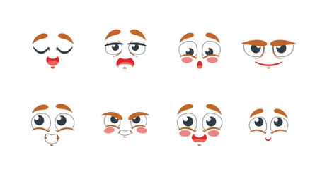 Set of Cute Cartoon Face Emoji. Sad, Tired, Happy, Smile and Bored. Ashamed, Delight and Angry Facial Expression