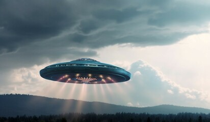 Fototapeta na wymiar Inexplicable sighting, Alien UFO saucer hovers against cloudy Earth Generative AI