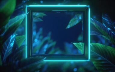 Glowing Neon Rectangular Frame Among Tropical Green Leaves