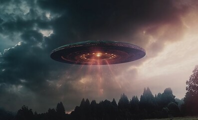 Naklejka na ściany i meble Otherworldly encounter, UFO hovers motionless, an alien plate in the sky Generative AI