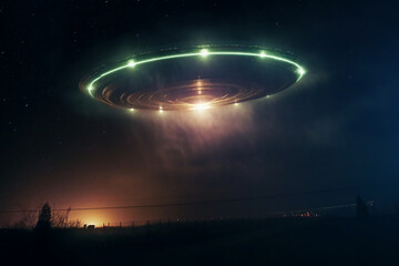 Fototapeta na wymiar Otherworldly presence, UFO streaks through night sky with moon overhead Generative AI