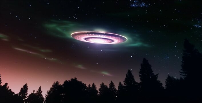 Otherworldly presence, UFO streaks through night sky with moon overhead Generative AI © abdulmoizjaangda