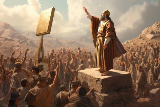 Moses preaching the Word of God to the crowd people of Israel Generative AI Illustration