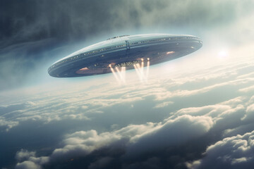 Naklejka na ściany i meble Unearthly encounter, UFO saucer floats amidst clouds, above planet Earth Generative AI