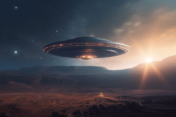 Fototapeta na wymiar Unearthly journey, Extraterrestrial spaceship traverses surreal landscape, dark celestial sphere Generative AI