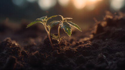 Young plant Bush marijuana cannabis on ground, blurred background at sunset. Generation AI.