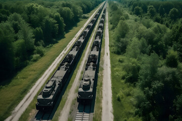 Transportation by train echelon of military equipment with battle tanks. Generation AI.