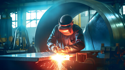 Industry iron factory banner. Worker welder with protective mask welding metal, light spark hot metal. Generation AI - obrazy, fototapety, plakaty
