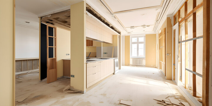 Concept banner Renovation interior of house. Apartment before or after restoration and refurbishment. Generation AI