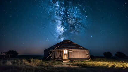 Yurt National old house of peoples of Kyrgyzstan and Asian countries. Ail camp night sky with stars. Generation AI - obrazy, fototapety, plakaty