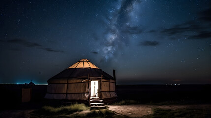 Yurt National old house of peoples of Kyrgyzstan and Asian countries. Ail camp night sky with stars. Generation AI