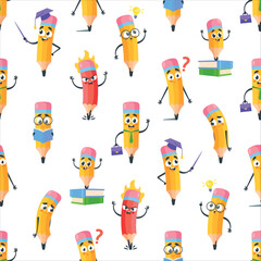Obraz premium Playful Seamless Pattern Featuring Adorable Pencil Characters In Various Poses And Expressions, Vector Illustration