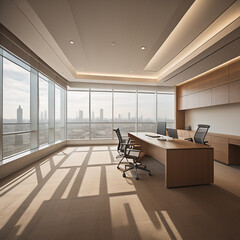Fototapeta premium Modern and Spacious Office Hall with Panoramic Windows in Pleasant Beige and Brown Tones
