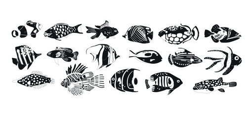 Obraz premium Sea Fishes Black Icons Set, Underwater Creatures Inhabit The Depths Of The Ocean. Tropical Species, Vector Illustration