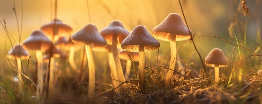 Psilocybe Cubensis Golden Ticher Mushrooms in Grass at Sunrise