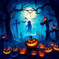 Fototapeta premium Gloomy graveyard with halloween pumpkins. AI Generative.
