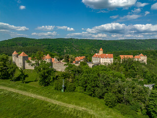 Fototapeta na wymiar Aerial view of Veveri castle in Moravia with Gothic towers
