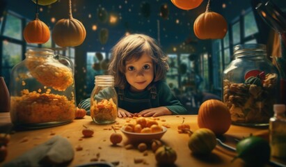 Healthy Kid Food - Child Eating Fruits and Vegetables for Vitamins