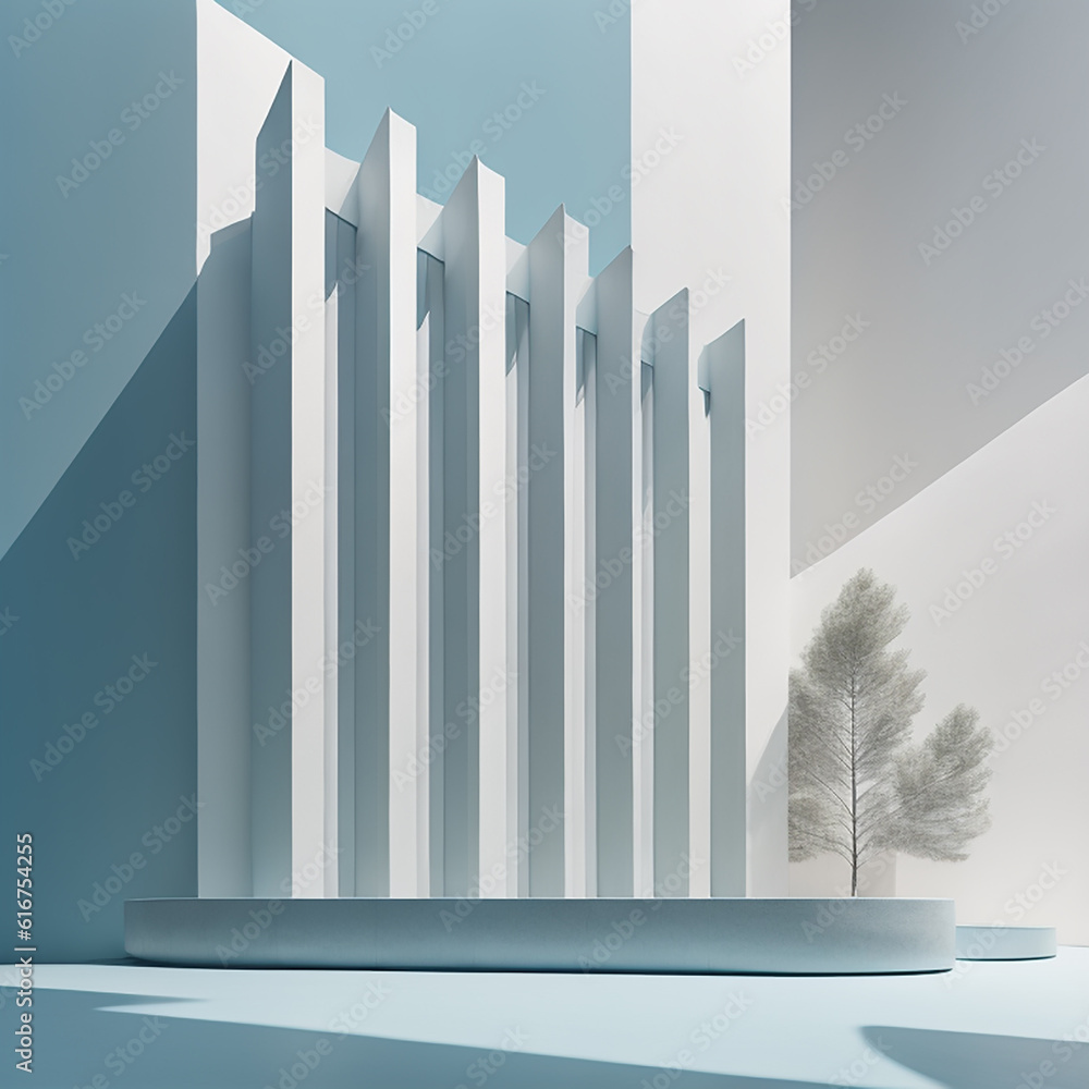 Poster serene and minimalistic architectural banner with tilted columns on a white and light blue backgroun