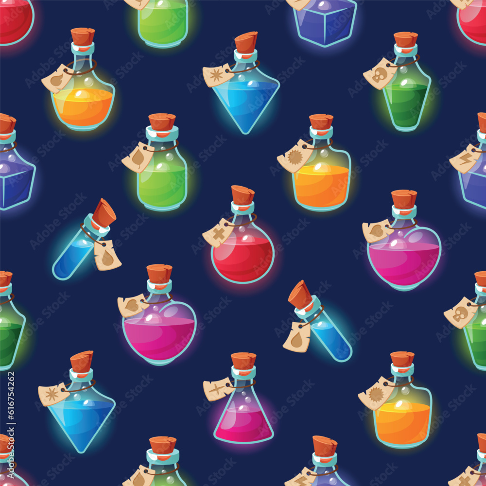 Poster enchanting seamless pattern featuring variety of magic potion bottles. perfect for adding a touch of