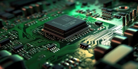 Obraz premium Macro Shot of a Microprocessor on a Green Circuit Board
