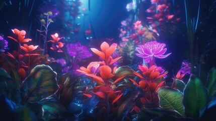 Fototapeta na wymiar Colorful Neon Light Tropical Jungle Plants in a Dreamlike Scenery