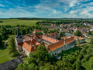 Fototapeta na wymiar Aerial view of Uhercice late Gothic three-winged fortified house from the turn of the 15th and 16th centuries with 5 courtyards in Moravia
