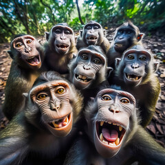 Captivating group selfie of playful monkeys from a high angle, sparking joy and amusement, evoking strong emotions for animal lovers. Perfect for lighthearted content. Generative AI
