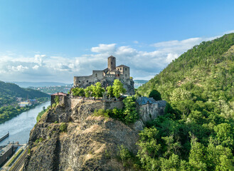 Aerial view of Strekov castle ruin near Usti nad Labem above the Elbe river in Czechia