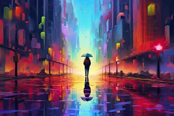 Guy with an umbrella on a rainy street. Colorful abstract painting. Digital artwork. 