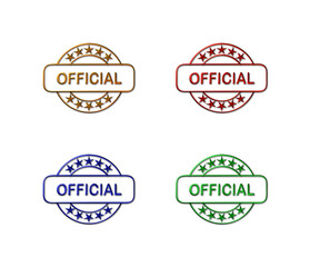 A set of 4 - 3D rendered illustrations of official company seals in metallic, gold, red, blue and green texture finishes, isolated on a white background.