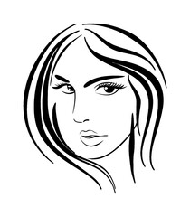 A flat graphic of a front view of an oval shaped female face with short straight hair in a frame, isolated on a white background 