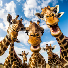 Captivating selfie of joyful giraffes from above, amusing and fun, capturing emotions and generating positive feelings for memorable moments. License now! Generative AI