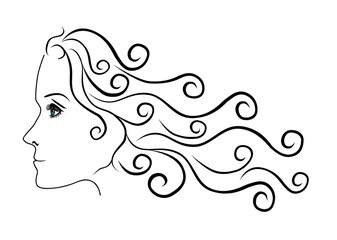 A flat graphic of a side view of a Female Head with long hair and blue eyes 