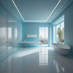 Fototapeta na wymiar Versatile Presentation Background: Light Blue Interior with Stunning Built-in Lighting and Smooth Flooring