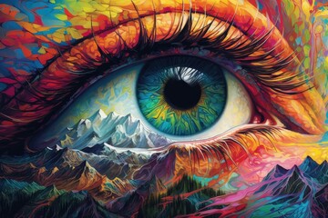 Landscape inside of an eye. Abstract psychodelic painting. 
