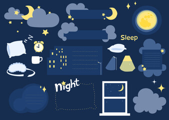 Text box, frame, moon, clouds, stars, night sky, sleep, dark blue and yellow, cartoon vector