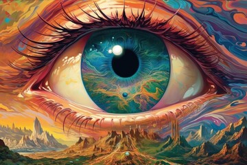 Landscape inside of an eye. Abstract psychodelic painting. 