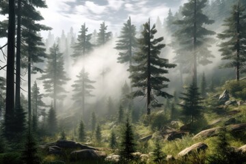 Misty mountain forest covered with tall trees and scary misty background.