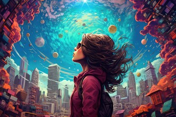 Girl looking into universe. Colorful digital artwork painting. 