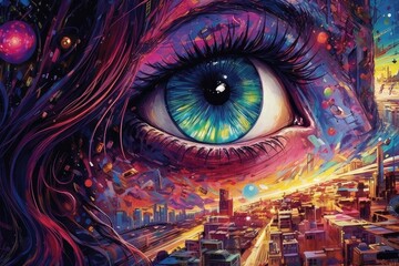DMT effect psychedelic journey. Trip to another dimmesion. A beautiful bright picture . A bright poster.Generative AI.