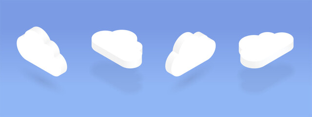 Isometric clouds set. 3d cloud storage icon at different angles. Design element for online computing, data transfer, server, digital, information network, weather concepts. Vector illustration