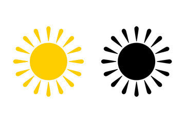 Sun icon set. Collection of yellow sun and black silhouette. Vector illustration for use as weather, sunlight, nature icon or logo isolated on white background