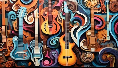 Guitars on the wall. Abstract painting. 