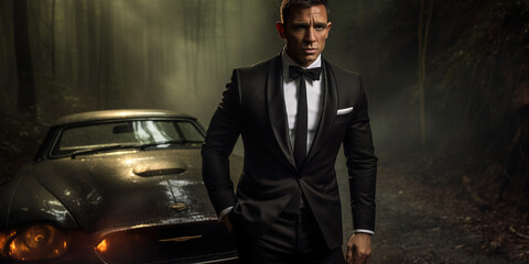 Mann im Smoking Anzug im Stil von James Bond und einem Auto im Hintergrund, ai generativ - obrazy, fototapety, plakaty